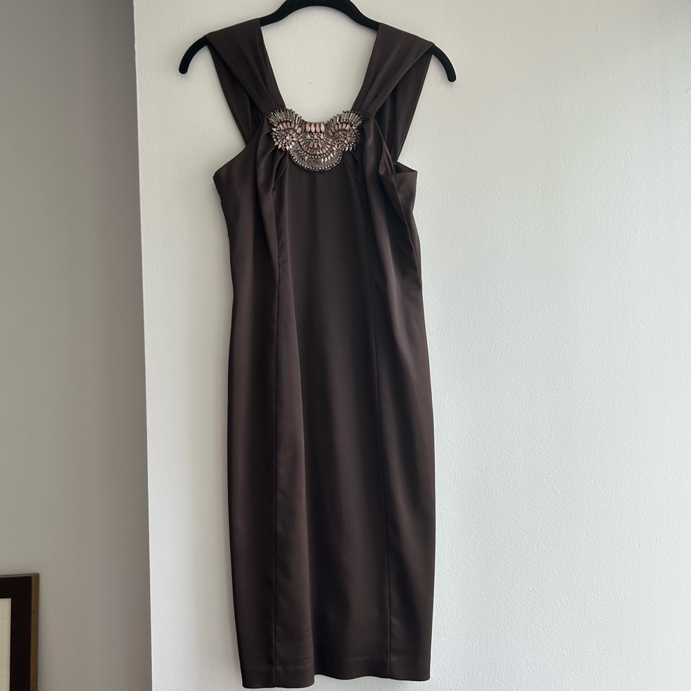 David Meister Chocolate Mini Dress with Embellished Neckline